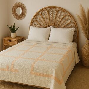 Vintage 1980s Handmade Quilt – 66” x 81” – Peach & Cream Geometric Design